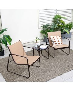 3 Pieces Patio Conversation Set with Breathable Fabric and Tempered Glass Tabletop