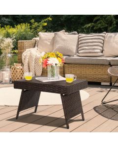 Patio Wicker Folding Coffee Table with Sturdy Steel Frame