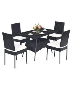 5-Piece Patio Rattan Dining Set with Tempered Glass Top and Removable Cushions