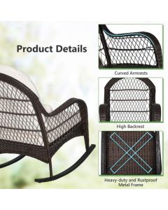 Patio Rattan Rocking Chair with Seat Back Cushions and Waist Pillow