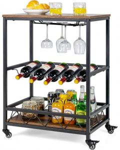 Portable Serving Trolley with 2 Glass Holders and Wine Rack