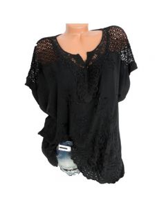 Plus Size Womens V Neck Lace Tops Shirt Ladies Summer Casual Blouse Pullover Tee - Black 3XL