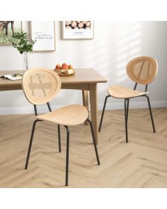 Rattan Dining Chair Set of 2 with Metal Legs and Plywood Seat