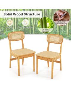 Rattan Dining Chairs Set of 2 with Simulated Rattan Backrest and Wood Frame