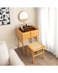 Rattan Top Bamboo Vanity Stool with Anti-slip Foot Pads
