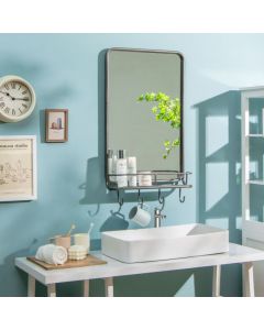Wall-Mounted Rectangular Bathroom Mirror with Storage Shelf and Hooks