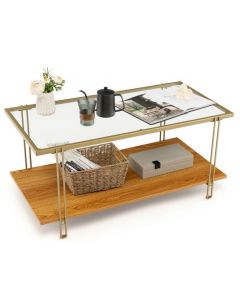2-Tier Rectangular Cocktail Tea Center Table with Tempered Glass Top and Wooden Storage Shelf