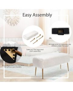 Rectangular Upholstered Furry Faux Fur Footrest with Golden Metal Legs