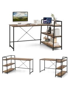 Reversible L-Shaped Computer Desk with Open Storage Shelves