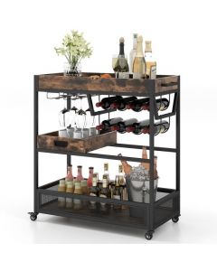 Rolling Bar Cart with Wine Rack Stemware Rack and Removable Tray