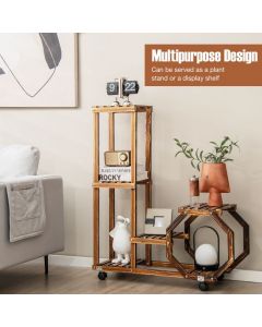 Rolling Wood Plant Stand with Lockable Wheels