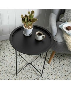 Folding Side Table Round Metal Tray Top Portable Coffee Table Night Stand - Black