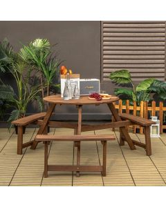 6-person Round Wooden Picnic Table for Patio with Umbrella Hole