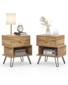 Set of 2 Wooden Nightstands 2-tier with Elevated Metal Feet