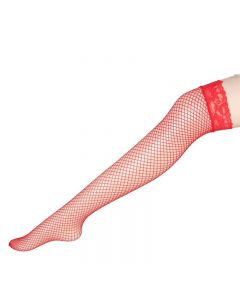 Fishnet Lace Thigh High Sheer Denier Suspender Stockings - Red