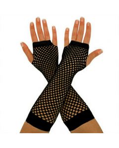 Ladies Girls Neon Long Fingerless Fishnet Lace Gloves Long Gloves - Black
