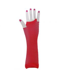 Ladies Girls Neon Long Fingerless Fishnet Lace Gloves Long Gloves - Red
