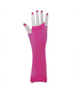 Ladies Girls Neon Long Fingerless Fishnet Lace Gloves Long Gloves - Hot Pink