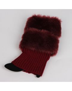 Women Winter Warm Crochet Knitted Fur Trim Leg Warmers Cuffs Toppers Boot Socks - Deep Red