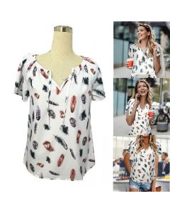 Plus Size Feather Printed T Shirts Short Sleeve Loose Blouse Tops Casual Shirts - White 3XL