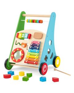 Sit-to-Stand Wooden Baby Walker with Multiple Built-in Toy Activities