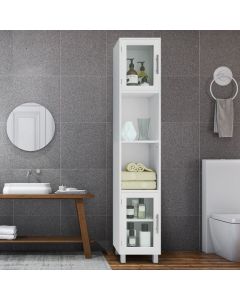 Freestanding Slim Wooden Bathroom Cabinet with Tempered Glass Doors
