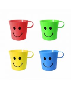 Childrens Smiley Face Plastic Drinking Mugs with Handle for Party Travel Beach 4 Pack