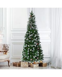 Snow-Flocked Pencil Hinged Artificial Christmas Tree with Pine Cones