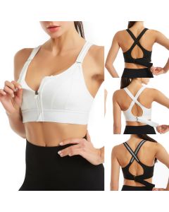 Front Zipper Sports Bras Workout Yoga Shock Proof Bra Tops - White L