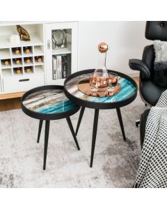 Set of 2 Modern Round Stackable Nesting Tables with Wooden Tray Top