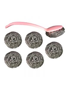 Steel Wool Scrubber Pack of 6 Kitchen Scourers with Handle - Silver