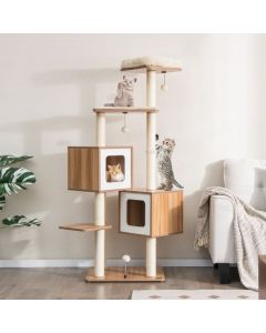 163 CM Tall Modern Wooden Cat Tree with Sisal Scratching Posts and Washable Cushions