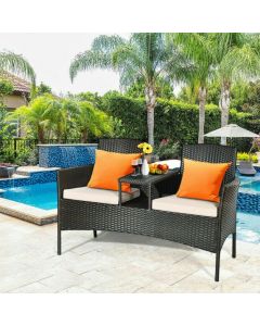2-Seater Rattan Chair with Coffee Table and Removable Cushion