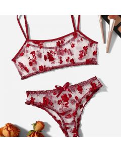 Women Underwear Bikini Two Piece Tulle Floral Print Lingerie Wine Red - S