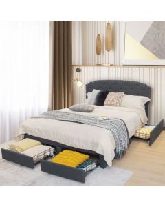 Upholstered Double Bed Frame with 4 Storage Drawers and Adjustable Headboard