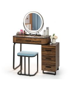 Vanity Table and Stool Set with 3-Color Touch Screen Lighted Swivel Mirror