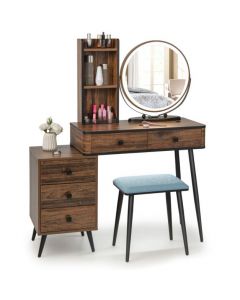 Vanity Table Set with 3-Colour Round Mirror and Charging Station