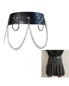 Punk Faux Leather Belt Adjustable Metal Chain Hoop Rings Waist Strap