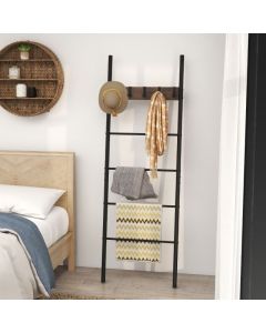 5-Tier Wall Leaning Blanket Ladder with 5 Removable Hooks and Industrial Blanket Holder Rack
