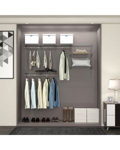 Wall-Mounted Closet Organizer System with Wire Shelving and Cloth Rods