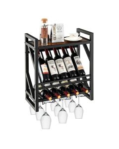 Wall Mounted Wine Rack with 2-Tier Rack and 3 Rows of Stemware Holder