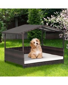 Wicker Dog House with Roof and Removable Cushion for Living Room Yard