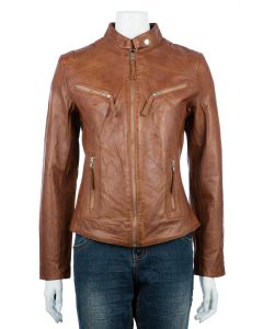 Ladies Classic Tan Biker Jacket-24-TAN
