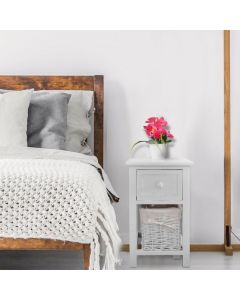 Wooden 2-Layer Bedside End Table Nightstand with Basket + Drawer