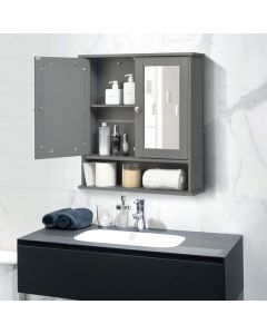 Wooden Hanging Medicine Organizer with Mirror and Adjustable Shelf