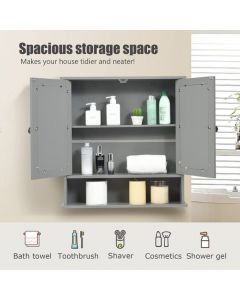Wooden Hanging Medicine Organizer with Mirror and Adjustable Shelf