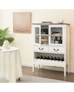 Wooden Kitchen Sideboard with Wine Rack 2 Glass Doors and Drawers