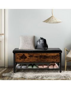 Wooden Ottoman Storage Bench with Shelf and Cushion