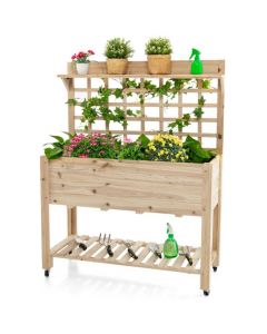 Wooden Raised Mobile Garden Bed with Trellis and Wheels