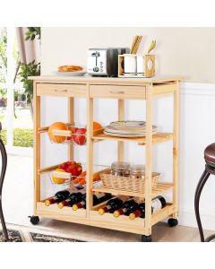 Wooden Rolling Kitchen Cart with Drawers Shelves Wire Baskets Wine Racks